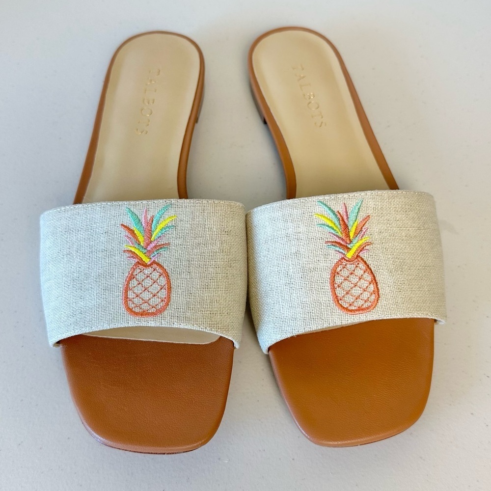 Talbots Pineapple Embroidered Linen Slides Sandals Vacation Tropical 8.5